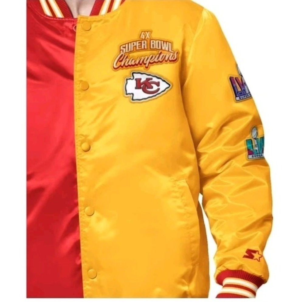 Men's Starter KC Chiefs Red Yellow Split Satin Jacket Size M 4x Super Bowl Champ